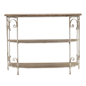 English Elm 43.5x14x32" Three-Tiered White Wooden Shelving Unit with Ornate Iron Frame — Farmhouse Decor, Sturdy Display for Plants & Books W2078P201140