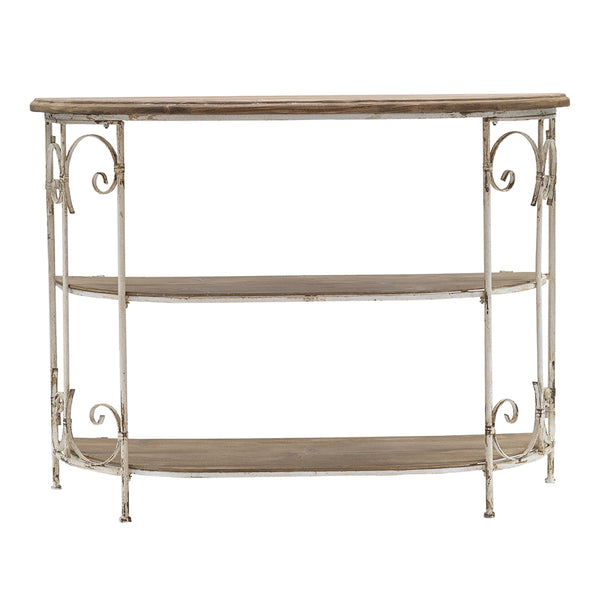 English Elm 43.5x14x32" Three-Tiered White Wooden Shelving Unit with Ornate Iron Frame — Farmhouse Decor, Sturdy Display for Plants & Books W2078P201140