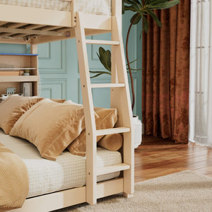 English Elm Full Xl Over Queen Bunk Bed Pinewood Frame with Led Lights Shelving Pegboard Beige LT000279AAA