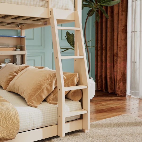 English Elm Full Xl Over Queen Bunk Bed Pinewood Frame with Led Lights Shelving Pegboard Beige LT000279AAA