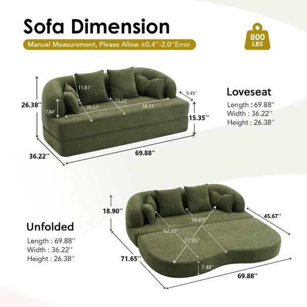 English Elm (old Sku W2231p392100) Chenille Sleeper Sofa Foldable Convertible Loveseat with Four Pillows Green W2231P466737
