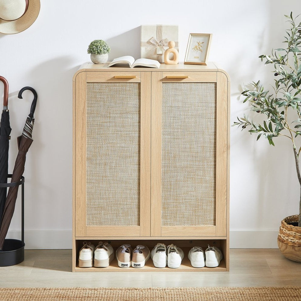 English Elm Rattan Door Shoe Cabinet Six Tier Adjustable Shelving Entryway Storage Organizer Oak W1820P399462