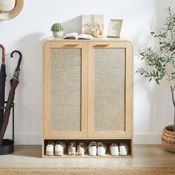 English Elm Rattan Door Shoe Cabinet Six Tier Adjustable Shelving Entryway Storage Organizer Oak W1820P399462