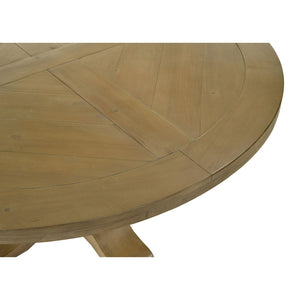 English Elm Rustic Honey Pine Pedestal Round Dining Set Seats Four with Nailhead Chair Trim B062S01830