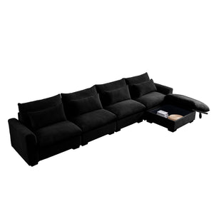 English Elm Large L Shape Corduroy Sectional Sofa with Storage Ottoman, Deep Seats, 4 Waist Pillows, Black W714S00852