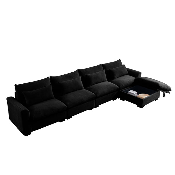 English Elm Large L Shape Corduroy Sectional Sofa with Storage Ottoman, Deep Seats, 4 Waist Pillows, Black W714S00852