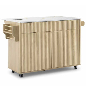 English Elm K&k Fluted Rolling Kitchen Island Faux Marble Top Power Outlet Storage Drawers Natural N707P353945Y
