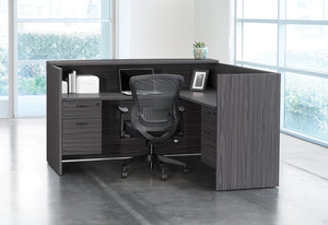 OSP Home Furnishings Napa Reception Station Compact Front Desk Workstation with Integrated Storage for Lobbies NAPSGW-TYP19