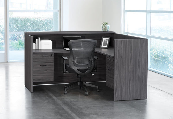 OSP Home Furnishings Napa Reception Station Compact Front Desk Workstation with Integrated Storage for Lobbies NAPSGW-TYP19