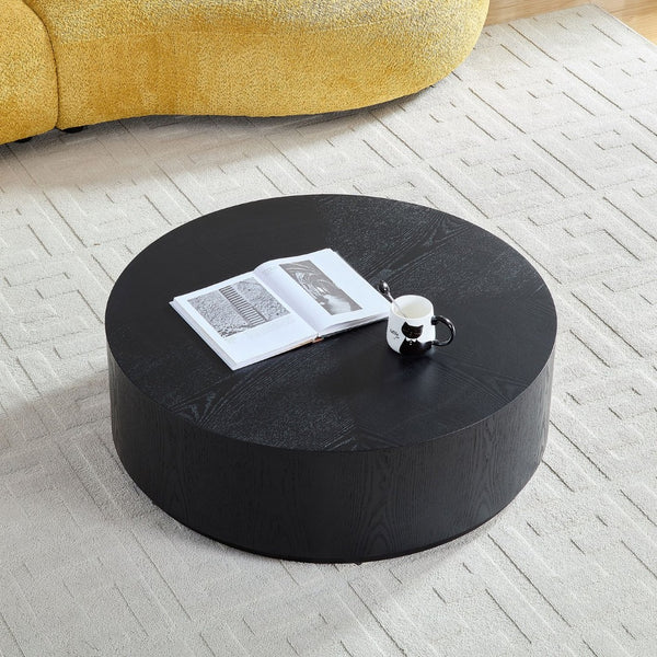 English Elm 35.43 Inch Round Drum Coffee Table Wood Veneer Mdf Pedestal Base for Living Room W2582P389443