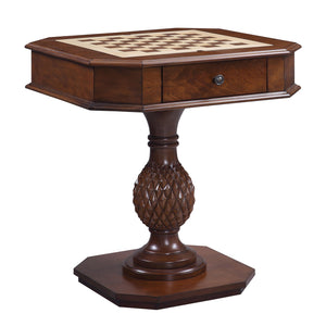 English Elm Cherry Reversible Game Table with Drawer and Pedestal Base — Elegant Chess, Checkers & Backgammon Surface, Clipped Corners, Cherry Finish (30.5" H) B062P189143