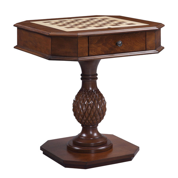English Elm Cherry Reversible Game Table with Drawer and Pedestal Base — Elegant Chess, Checkers & Backgammon Surface, Clipped Corners, Cherry Finish (30.5" H) B062P189143