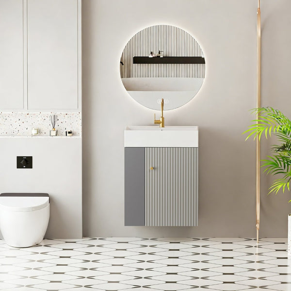 English Elm 21.6" Floating Bathroom Vanity with Ceramic Sink Open Shelving and Soft Close Storage W1573S00092