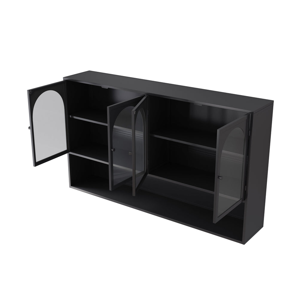 English Elm 47.25" Four-door Glass Wall Cabinet Storage - Durable Iron & Tempered Glass, Space-Saving Vertical Organizer Black W757P205949