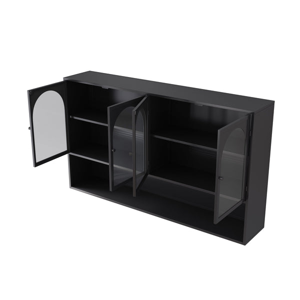 English Elm 47.25" Four-door Glass Wall Cabinet Storage - Durable Iron & Tempered Glass, Space-Saving Vertical Organizer Black W757P205949