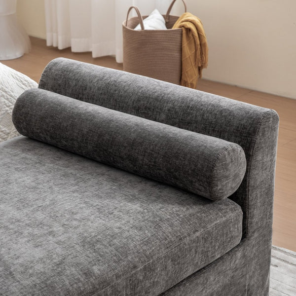 English Elm 88.58" Wide Chenille Upholstered Bench with Curved Armrests and Bolster Pillows for Bedroom Gray W3189S00028