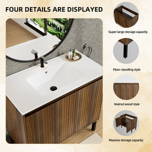 English Elm 36 Inch Floating Bathroom Vanity Fluted Wood Grain Panel with Ceramic Integrated Sink W3520S00043