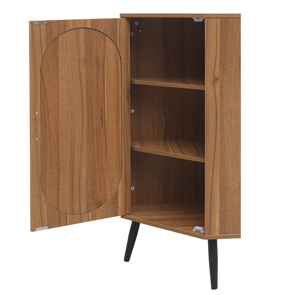 English Elm Corner freestanding rattan cabinet with metal base, slim corner shelf stand for living room space-saving storage and soft-touch black handle Walnut W688P160406