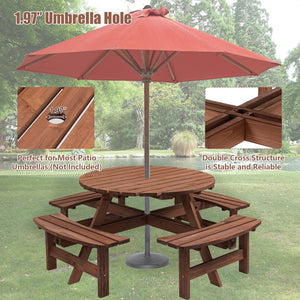 English Elm 8 Person Wooden Picnic Table with 4 Benches, Natural Outdoor Round Dining Set, 2220lb Total Capacity W1422P338263