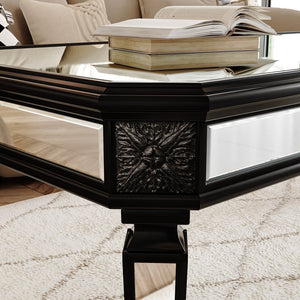 English Elm Silver Mirrored Coffee Table with Vintage Carved Accents, Rectangular Glass Top, Elegant Centerpiece, Durable & Easy-Clean Finish W1445P299191