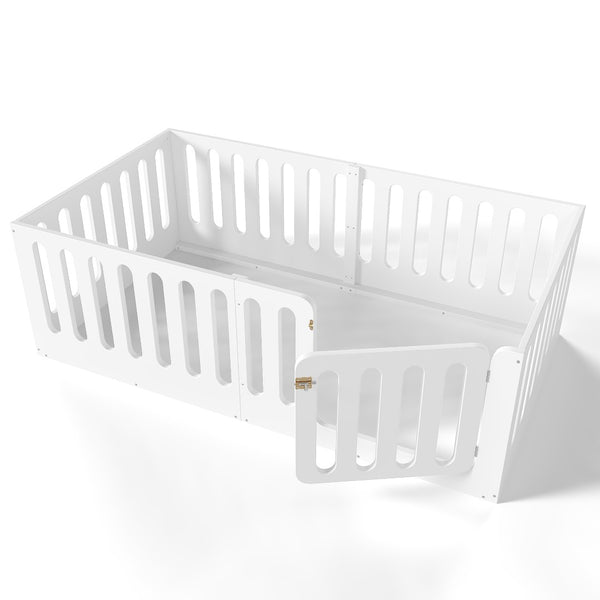 English Elm Twin Solid Pine Montessori Floor Bed with House Frame Door and Safety Fence Light White W5305P420632