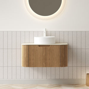 English Elm Muri Floating Bathroom Vanity Plywood Cabinet Sintered Stone Top Oak Drawer Beige,Natural Wood,White W2615S00340