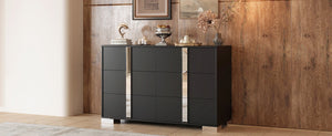 English Elm Elegant Mirrored Dresser with Metal Feet and 6 Spacious Drawers for Organized, Modern Living Spaces Black 54.25 L x 20.75 W x 8.5 H N733P307943B