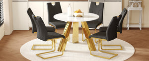 English Elm Table 7-Piece Dining Set With Snow Mountain White Sintered Stone Top & Stylish Black Chairs With Gold Legs W2920S00048-GIGA