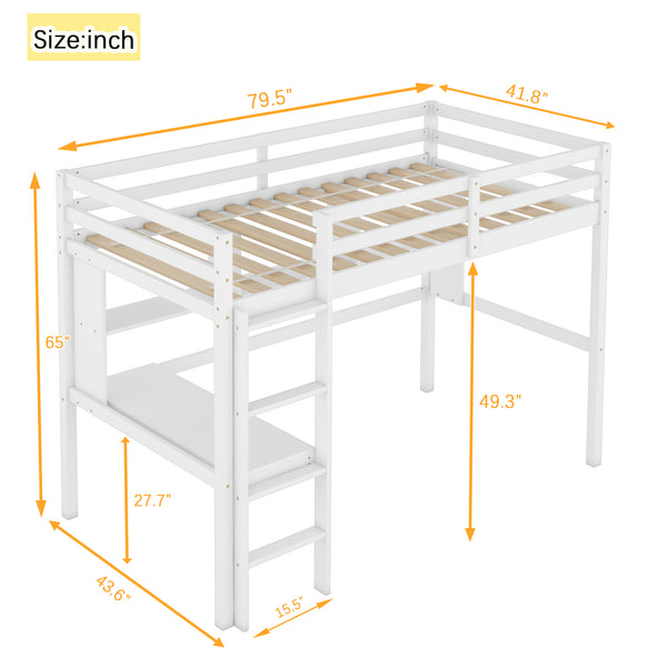English Elm Twin Loft Bed with Built-In Desk and Bookcase, Pine Frame, Safety Guardrail, Ladder for Study Space White W504P181854