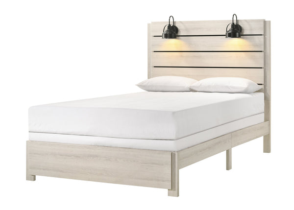 English Elm 1pc Rustic Style Butcher Block Finish Queen Size Bed with Weathered Finish, Detailed Trim, Sturdy Frame Antique White 77.32 L x 38.31 W x 11.2 H B011P230854