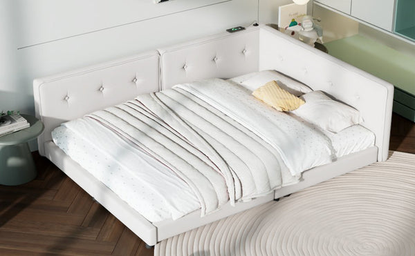 English Elm Upholstered Full Platform Bed with USB Ports and LED Accent, Linen Upholstery, Sturdy 600lb Capacity Beige GX000556AAA