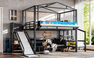 English Elm Twin Metal Loft Bed with Built-in Wardrobe Storage Stairs Led Lights and Usb Ports W5316S00047