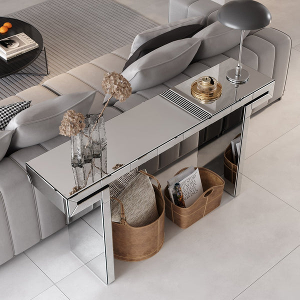 English Elm 60 Luxury Full-Length Mirror Console Table 60" x 14.17" Slim Fluted Tempered Glass Entryway Sofa Table, Tool-Free Assembly, Scratch-Resistant, Reinforced Packaging W1445P299050