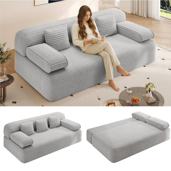 English Elm 78.7" Frameless Convertible Corduroy Sofa Sleeper Queen Bed for Compact Living Spaces Light Grey W3219P427164