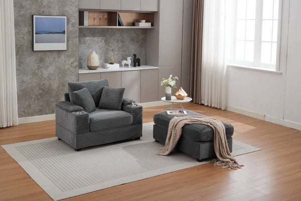 English Elm Corduroy Chaise Lounge Sofa With Storage, Movable Ottoman & Cupholders For Relaxation W2120S00004-GIGA