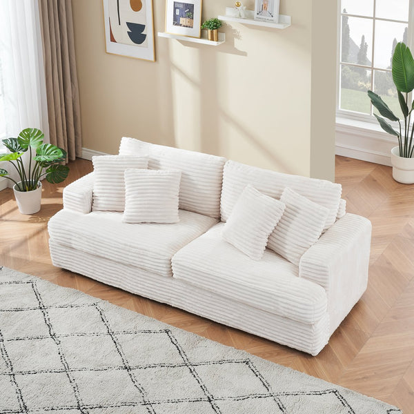 English Elm 88.58" corduroy 3-seater sofa with 4 matching throw pillows, sturdy wood frame, modern luxe comfort White W3356S00004