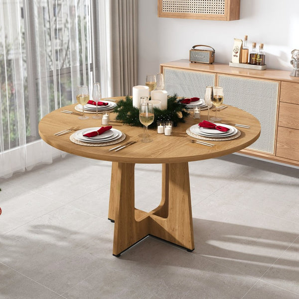 English Elm Round Farmhouse Dining Table Seats Four with Warm Oak Grain Finish for Kitchen Nook W2700P415283