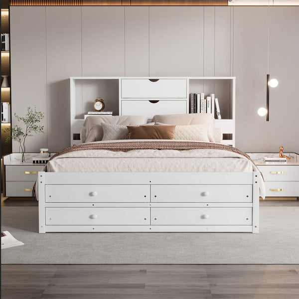 English Elm Queen Platform Bed with Built-In Headboard Storage and 8 Drawers, Solid Wood MDF, Sturdy Design White GX000453AAK