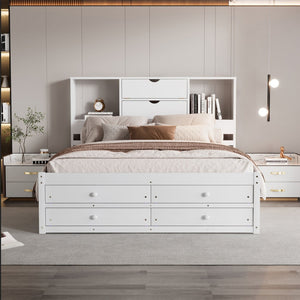 English Elm Queen Platform Bed Solid Pine Frame with Storage Headboard and Eight Organizer Drawers White GX000453AAK-1