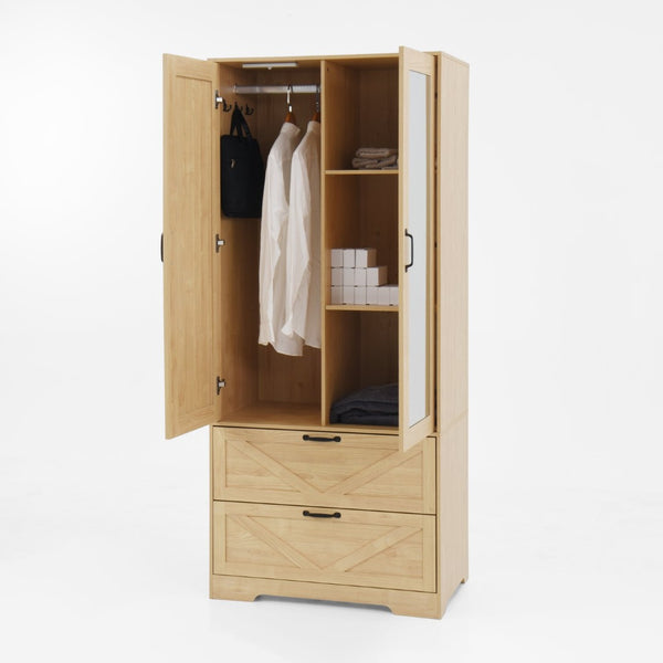 English Elm 2 Door Wardrobe Closet with Full Length Mirror Motion Light Hanging Rod and Drawers Natural W409P266780