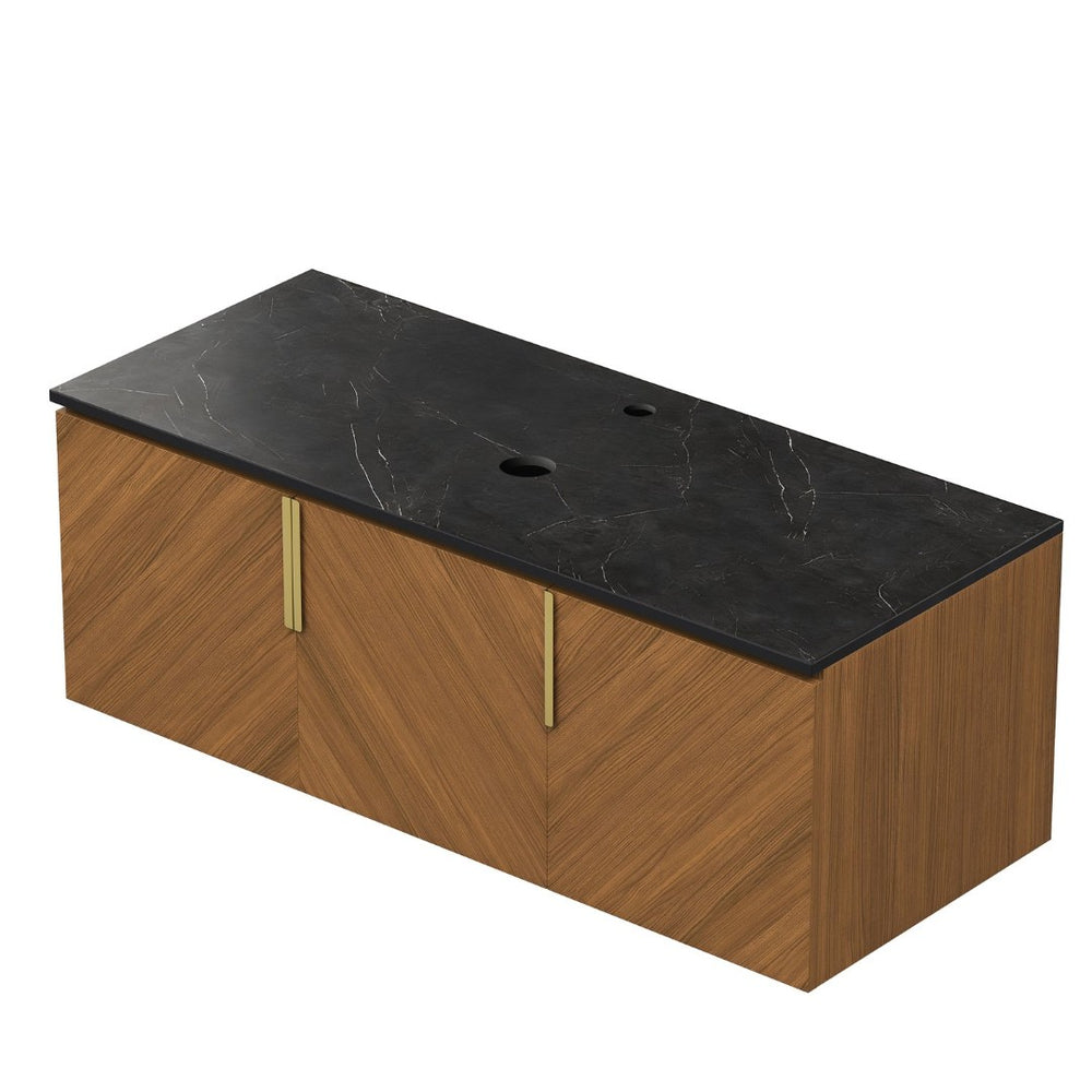 English Elm 48" Sintered Stone Countertop Vanity Base Brown Oak Cabinet Brushed Gold Handles W2615P338019