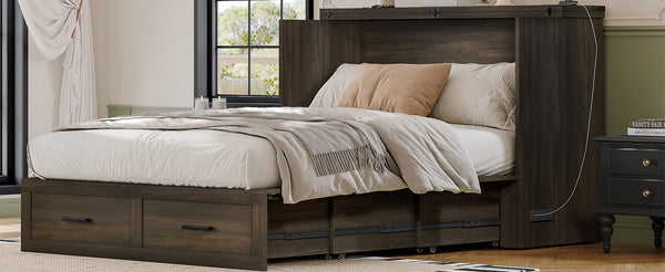 English Elm Full Farmhouse Murphy Cabinet Bed with Charging Station and Large Drawers, Space-Saving Guest Solution Gray 52.25 L x 26.25 W x 5.25 H N733S237853G