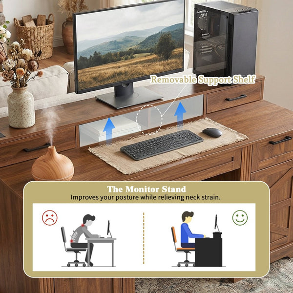 English Elm 59" Fluted Oak L-shaped Corner Desk with Charging Station Monitor Stand and File Storage Dark Walnut W2917S00007