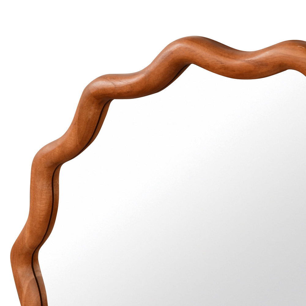 English Elm Yellowish 36in Wavy Round Solid Wood Frame Mirror, Tempered Glass, Rustic Boho Decor for Home W2203P389086