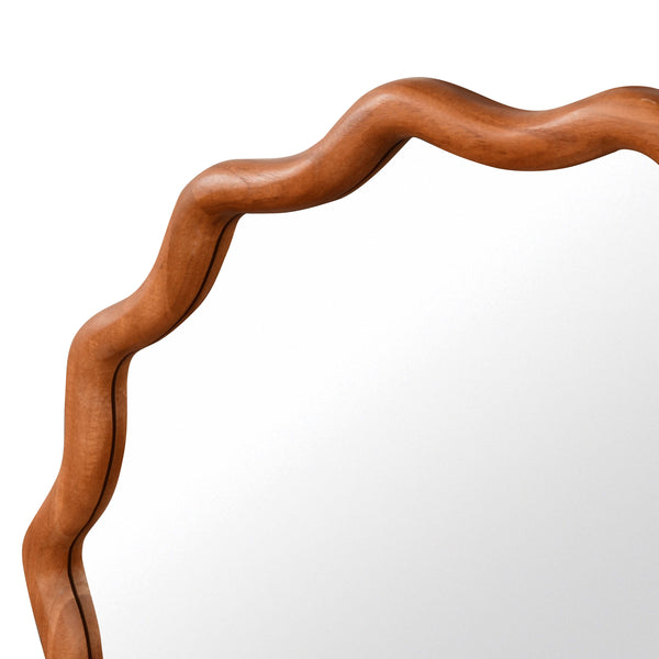 English Elm Yellowish 36in Wavy Round Solid Wood Frame Mirror, Tempered Glass, Rustic Boho Decor for Home W2203P389086