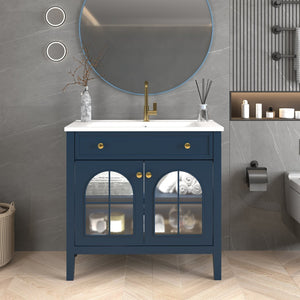 English Elm 35.6" Freestanding Bathroom Vanity with Roman Column Base and Ceramic Integrated Sink Blue W1801S00013