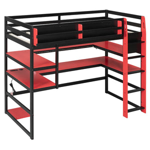 English Elm Twin Loft Bed with Rgb Lighting Usb Ports Wraparound Shelves and Gaming Desk Red LT000298AAJ
