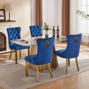 English Elm Mid-Century Tufted Velvet Dining Chair with Lion Head Ring, Nailhead Trim, Solid Wood Legs Blue W1143P193169