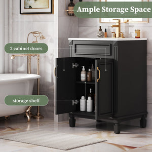 English Elm 24'' Bathroom Vanity with Sink - Solid Wood Frame, Glossy Ceramic Basin, Soft-Close Doors & Ample Storage Elegant Modern Design, Durable MDF Construction, Retro Metal Handles, Compact 24-inch Cabinet Black N710P317675B