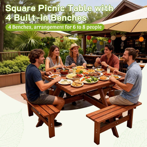 English Elm 8-person Square Wood Picnic Table with Umbrella Hole Reinforced Outdoor Dining Set W1422P392906